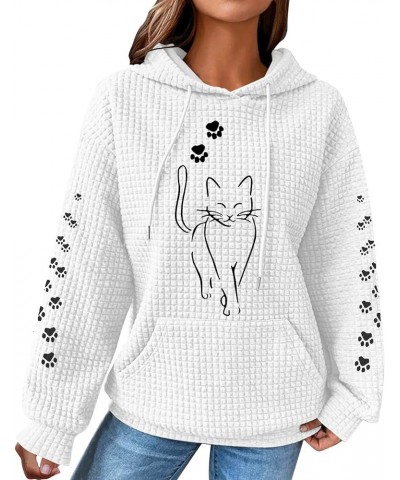 Waffle Knit Hoodies for Women Cute Cat Print Long Sleeve Drawstring Sweatshirt Trendy Loose Fall Pullover Tops with Pocket 1w...