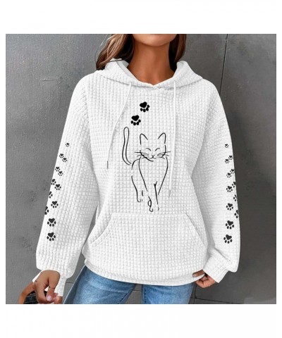 Waffle Knit Hoodies for Women Cute Cat Print Long Sleeve Drawstring Sweatshirt Trendy Loose Fall Pullover Tops with Pocket 1w...