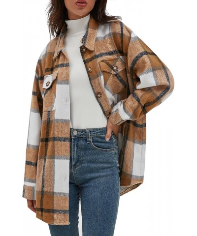 Women's Casual Flannel Plaid Shacket Button Down Long Sleeve Shirt Jacket Coats with Pockets 7121 Khaki $23.03 Blouses