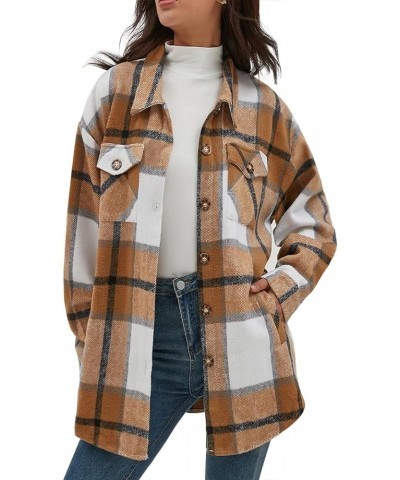 Women's Casual Flannel Plaid Shacket Button Down Long Sleeve Shirt Jacket Coats with Pockets 7121 Khaki $23.03 Blouses