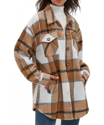 Women's Casual Flannel Plaid Shacket Button Down Long Sleeve Shirt Jacket Coats with Pockets 7121 Khaki $23.03 Blouses