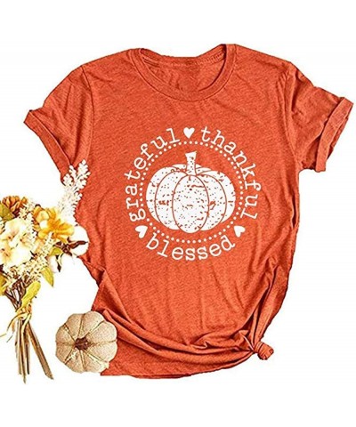 Women's Short Sleeve Thanksgiving Pumpkin Blessed Thanksful T Shirt Funny Casual Graphic Tees Tops Short Sleeve - Orange $8.5...