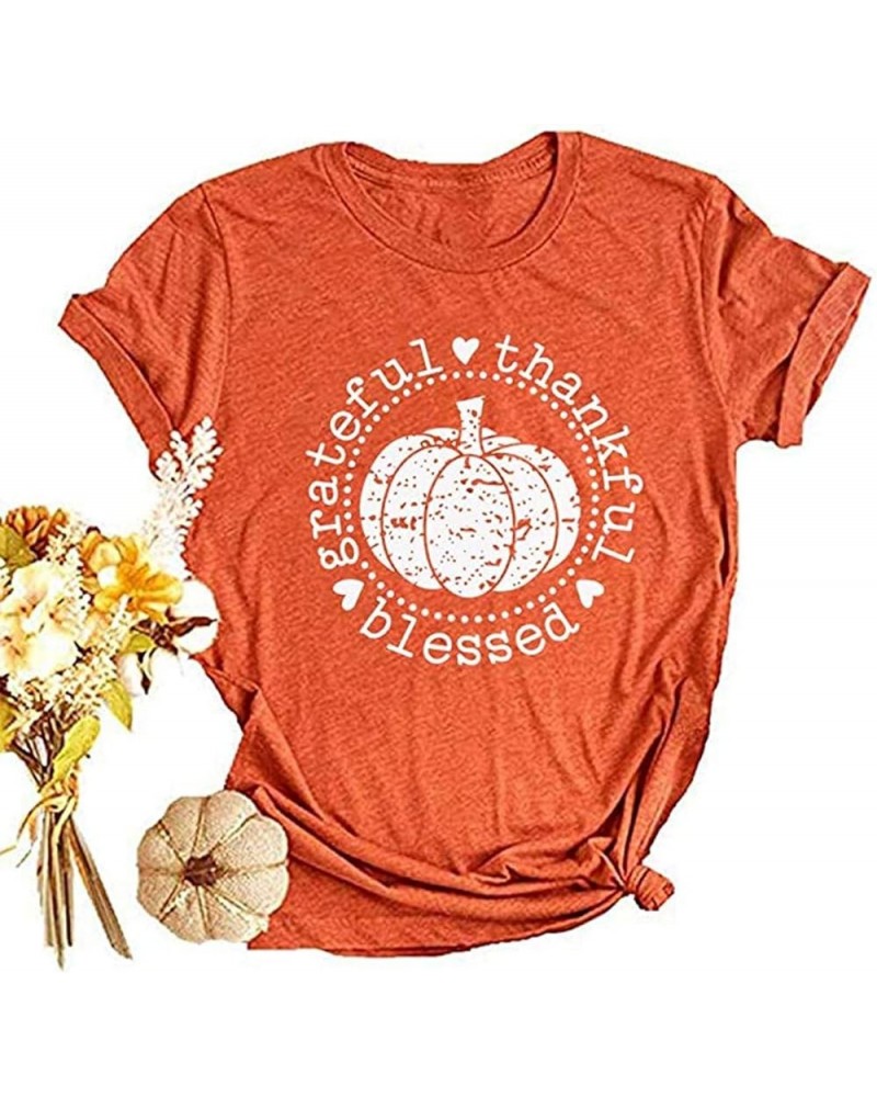 Women's Short Sleeve Thanksgiving Pumpkin Blessed Thanksful T Shirt Funny Casual Graphic Tees Tops Short Sleeve - Orange $8.5...