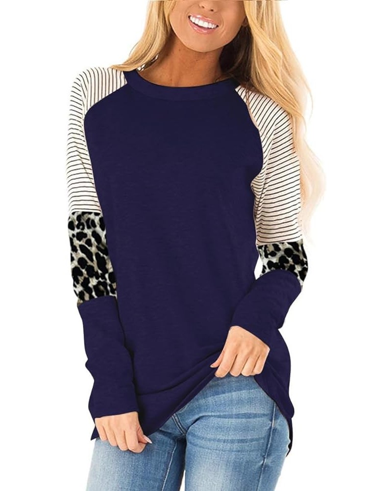 2022 Women's Leopard Print Color Block Tunic Round Neck Long Sleeve Shirts Striped Causal Blouses Tops 01 Navy $14.30 Blouses