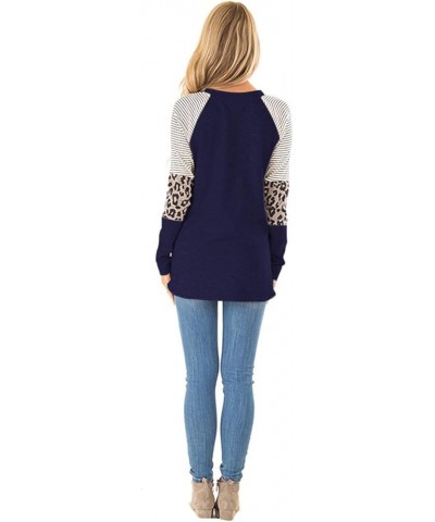 2022 Women's Leopard Print Color Block Tunic Round Neck Long Sleeve Shirts Striped Causal Blouses Tops 01 Navy $14.30 Blouses