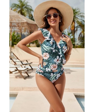 Women's Tummy Control Swimsuits Slimming Cute One Piece Bathing Suit Ruffle V Neck Swimwear Green Floral $19.32 Swimsuits