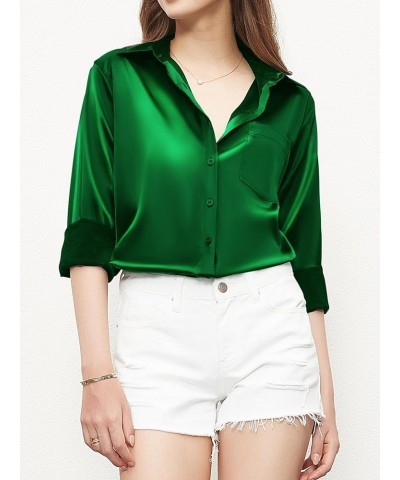 Women's Button Down Shirts Satin Long Sleeve Casual Business Silk Tops with Pocket 935_dark Green $19.59 Blouses