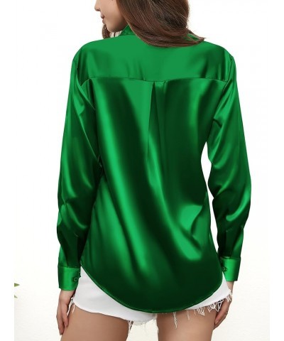 Women's Button Down Shirts Satin Long Sleeve Casual Business Silk Tops with Pocket 935_dark Green $19.59 Blouses