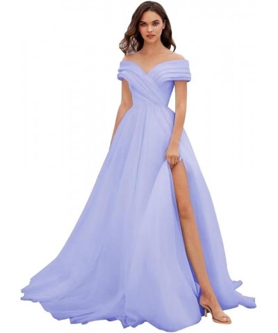 Off Shoulder Tulle Prom Dresses Ball Gown for Women A-Line Wedding Dress Split Formal Evening Dress Lavender $43.35 Dresses