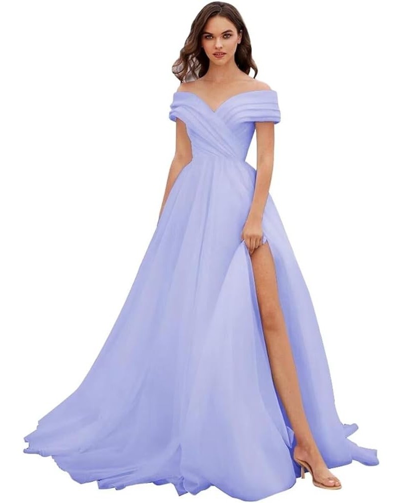 Off Shoulder Tulle Prom Dresses Ball Gown for Women A-Line Wedding Dress Split Formal Evening Dress Lavender $43.35 Dresses