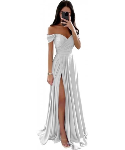 Women's Off Shoulder Prom Dresses with Slit Ruched Long Satin Formal Party Dresses 2024 Bridesmaid Dresses RO137 White $27.90...