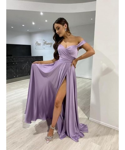 Women's Off Shoulder Prom Dresses with Slit Ruched Long Satin Formal Party Dresses 2024 Bridesmaid Dresses RO137 White $27.90...