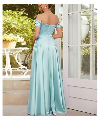 Women's Off Shoulder Prom Dresses with Slit Ruched Long Satin Formal Party Dresses 2024 Bridesmaid Dresses RO137 White $27.90...