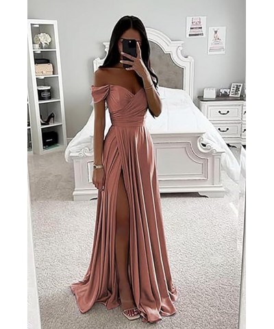 Women's Off Shoulder Prom Dresses with Slit Ruched Long Satin Formal Party Dresses 2024 Bridesmaid Dresses RO137 White $27.90...