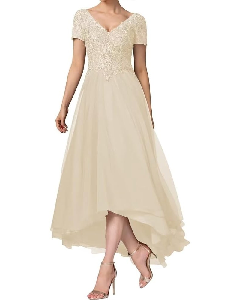 Tea Length Chiffon Mother of The Bride Dress with Shot Sleeve V-Neck Lace Applique Formal Party Gown Champagne $39.50 Dresses