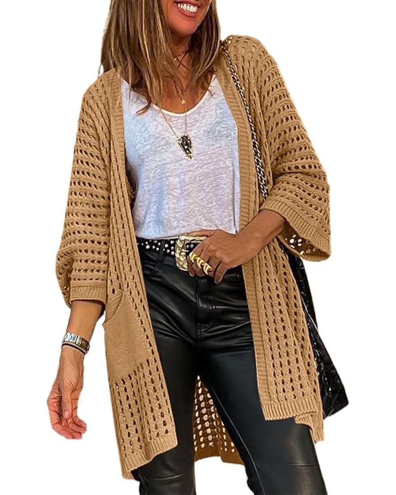 Womens Lightweight Open Front Knit Cardigan with Pockets Camel $10.07 Sweaters