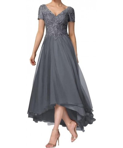 Tea Length Chiffon Mother of The Bride Dress with Shot Sleeve V-Neck Lace Applique Formal Party Gown Champagne $39.50 Dresses