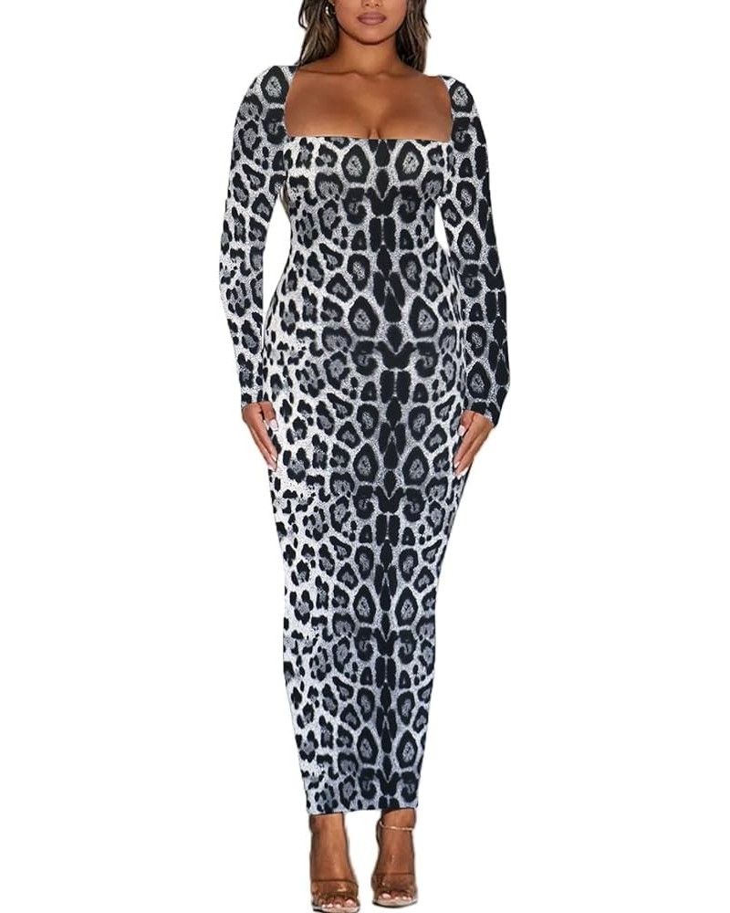 Women's Long Sleeve Bodycon Dress Square Neck Maxi Club Party Fall Long Tight Dresses Leopard Grey $14.70 Dresses