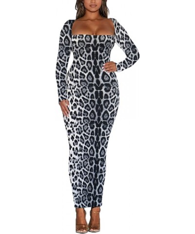 Women's Long Sleeve Bodycon Dress Square Neck Maxi Club Party Fall Long Tight Dresses Leopard Grey $14.70 Dresses