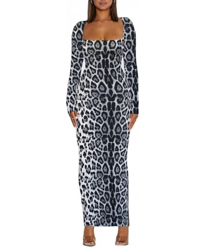 Women's Long Sleeve Bodycon Dress Square Neck Maxi Club Party Fall Long Tight Dresses Leopard Grey $14.70 Dresses