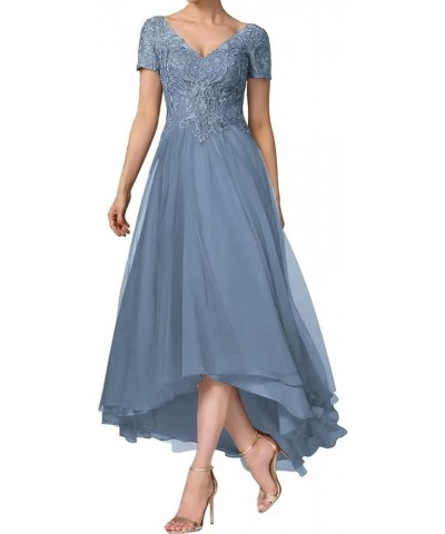 Tea Length Chiffon Mother of The Bride Dress with Shot Sleeve V-Neck Lace Applique Formal Party Gown Champagne $39.50 Dresses