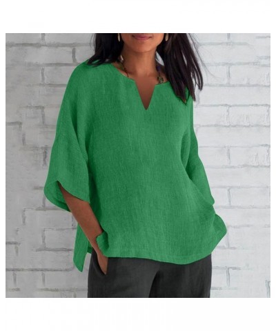 Womens Cotton Linen Shirt 3/4 Length Sleeve Tops Crew Neck Loose Fit T Shirts Summer Casual Solid Color Blouses 29_green Wome...