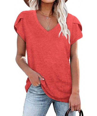 Womens Tops Summer Petal Sleeve Casual V Neck T-Shirts Red $14.57 Tops