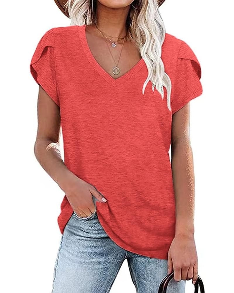 Womens Tops Summer Petal Sleeve Casual V Neck T-Shirts Red $14.57 Tops