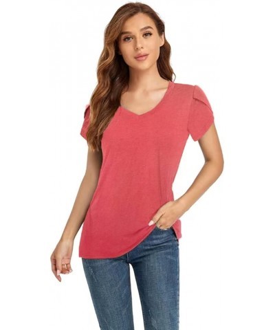 Womens Tops Summer Petal Sleeve Casual V Neck T-Shirts Red $14.57 Tops