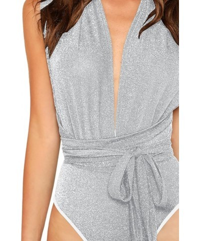 Women's Sleeveless Sexy Deep V Neck Cross Back Bodysuit Glitter White $20.51 Bodysuits