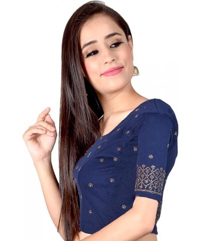 Holi Eid Gifts,Stretchable Blouses for Women Sarees,Readymade, (B202-P) Navy Blue-202 $17.99 Blouses