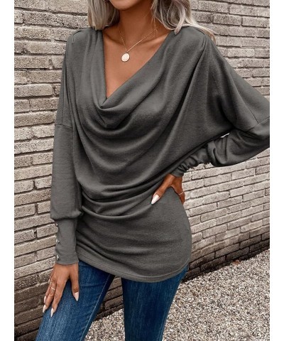 Women's Cowl Neck Ruched Tee Long Sleeve Drop Shoulder T Shirt Tops Pure Dark Grey $16.10 T-Shirts