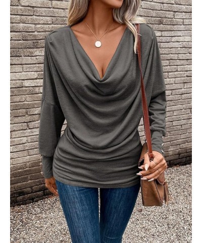 Women's Cowl Neck Ruched Tee Long Sleeve Drop Shoulder T Shirt Tops Pure Dark Grey $16.10 T-Shirts