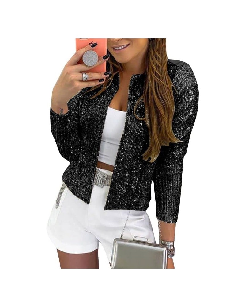 Women Casual Open Front Sequin Jackets Cardigan Glitter Long Sleeve Short Coats Crop Blazer Black $26.99 Blazers