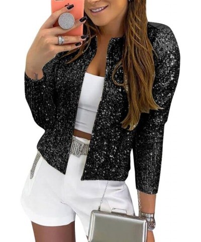 Women Casual Open Front Sequin Jackets Cardigan Glitter Long Sleeve Short Coats Crop Blazer Black $26.99 Blazers