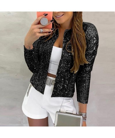 Women Casual Open Front Sequin Jackets Cardigan Glitter Long Sleeve Short Coats Crop Blazer Black $26.99 Blazers