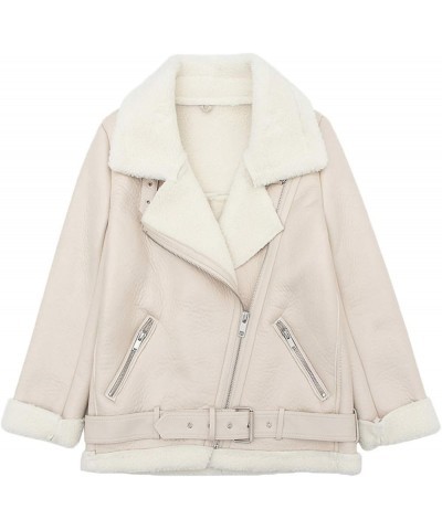 Women's Faux Shearing Moto Jacket Thick Lined Parka Winter Shearling Coat Leather Jacket Beige $38.24 Jackets