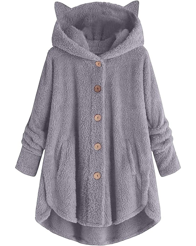 Women's Fleece Bomber Jacket Loose Plush Solid Color Single Breasted Pocket Hood Zipper Jacket Sherpa, S-5XL Fk017-gray $10.0...