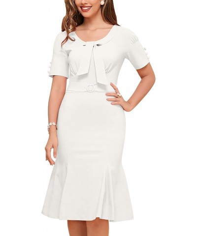 Women's Vintage 1950s Midi Crew Neck Short Sleeve Party Cocktail Work Casual Bodycon Dress Off-white $17.63 Dresses