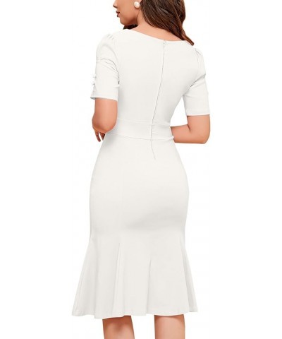 Women's Vintage 1950s Midi Crew Neck Short Sleeve Party Cocktail Work Casual Bodycon Dress Off-white $17.63 Dresses