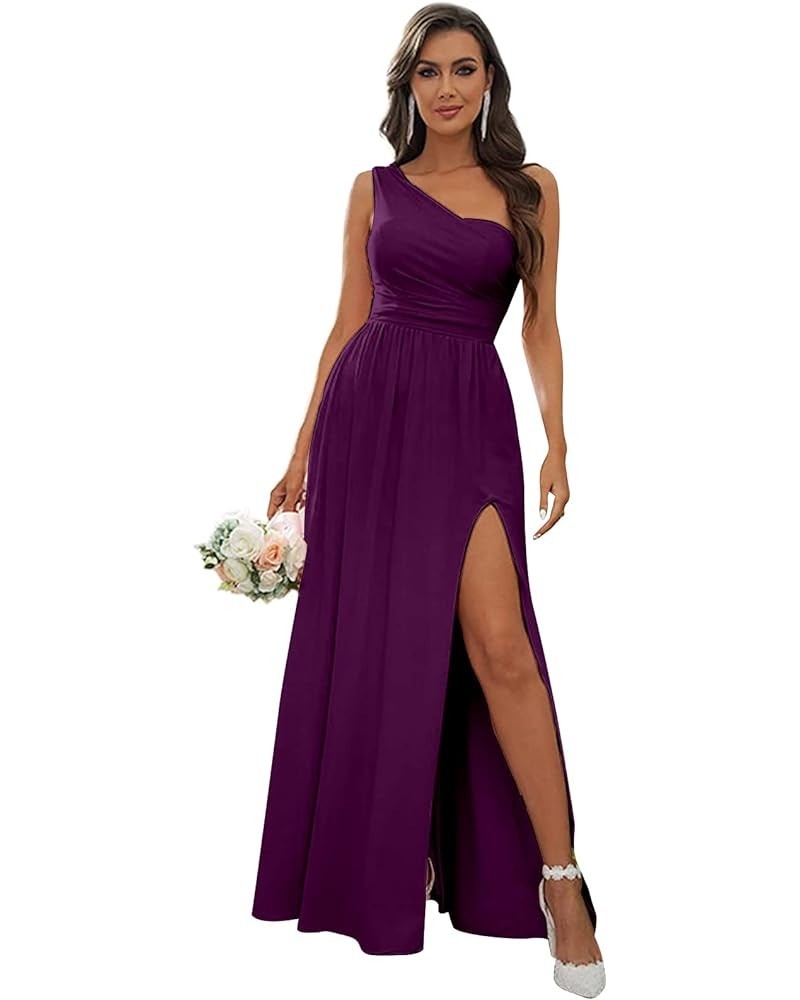 Chiffon One Shoulder Bridesmaid Dresses for Women Long Ruched Evening Dress with Slit Plum $32.44 Dresses