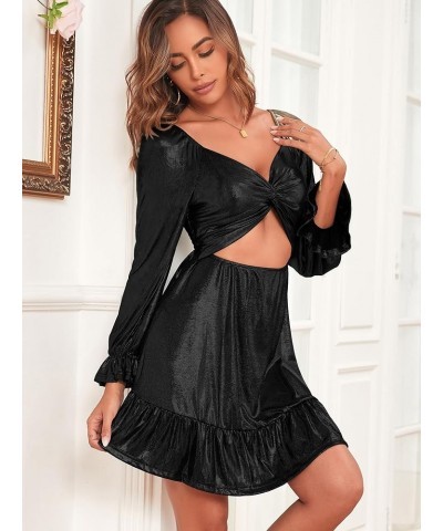 Women's 2023 Long Sleeve V Neck Mini Dress Smoked Back Glitter Christmas Cocktail Party Evening Dress with Ruffles Hem Black ...