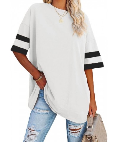 Womens Oversized Tees Loose T Shirts Half Sleeve Crew Neck Color Block Cotton Tunic Tops White $14.49 Tops