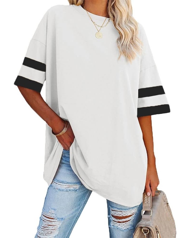 Womens Oversized Tees Loose T Shirts Half Sleeve Crew Neck Color Block Cotton Tunic Tops White $14.49 Tops