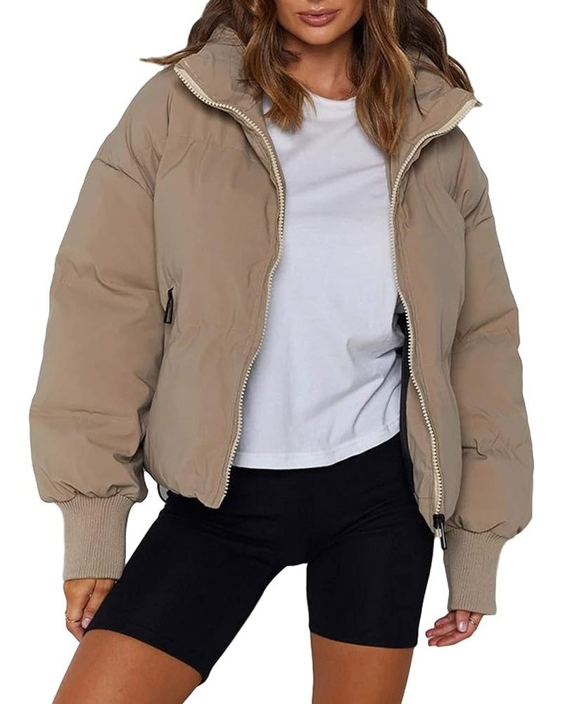 Womens Casual Padded Full Zip Stand Collar Long Sleeve Puffer Jackets Khaki $24.18 Jackets