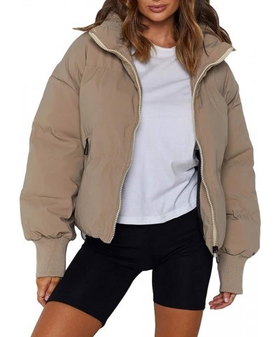 Womens Casual Padded Full Zip Stand Collar Long Sleeve Puffer Jackets Khaki $24.18 Jackets