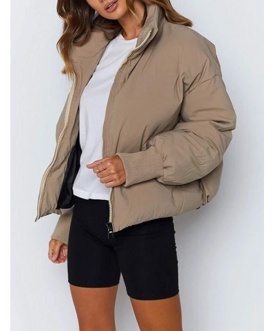 Womens Casual Padded Full Zip Stand Collar Long Sleeve Puffer Jackets Khaki $24.18 Jackets