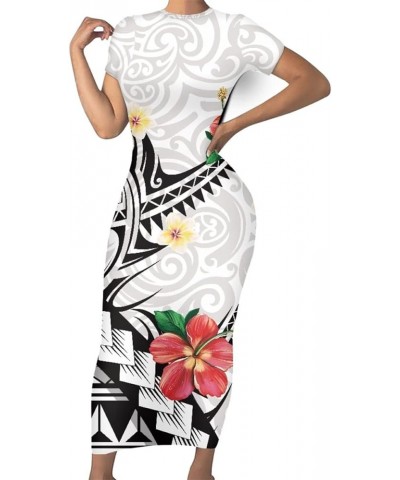 Women's Plus Size American Samoa Hawaiian Polynesian Short Sleeve Bodycon Maxi Dress White Polynesian $13.99 Dresses