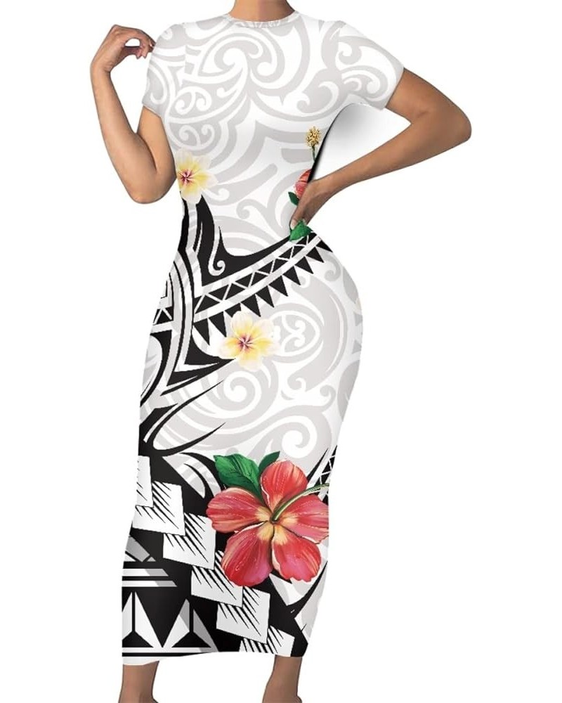 Women's Plus Size American Samoa Hawaiian Polynesian Short Sleeve Bodycon Maxi Dress White Polynesian $13.99 Dresses