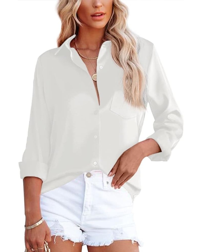 Womens Button Down Shirts V Neck Satin Casual Long/Short Sleeve Plain Blouses Office Work Tops with Pocket White $9.35 Blouses